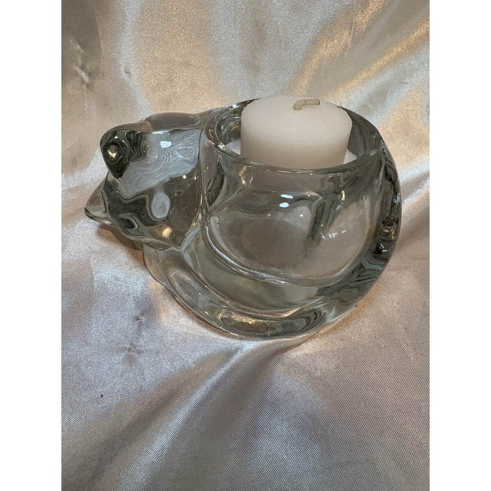Vintage Indiana Glass Sleeping Cat Votive Candle Holder Paperweight Figurine
